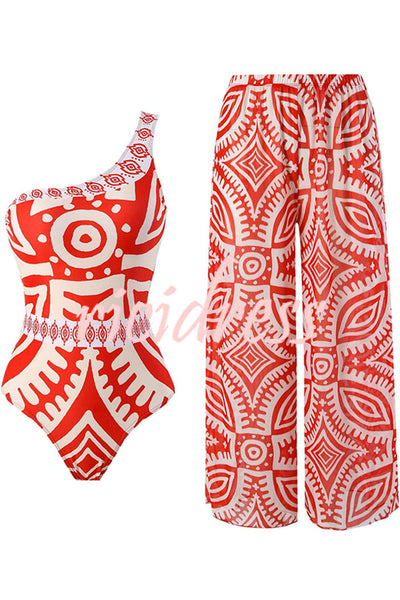 Unique printed swimsuit and elastic waist pants