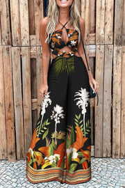 Tropical Palm Leaf Print Cutout Wide Leg Jumpsuit