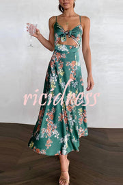 Dreamers Satin Floral Tie Up Slit Midi Dress