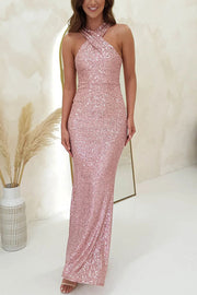 Time To Sparkle Sequin Cross Halter Neck Backless Maxi Dress