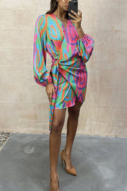 Dione Bright Abstract Wrap Tie Shirt Mini Dress