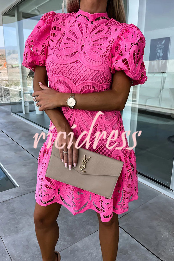 Ever So Sweet Crochet Lace Puff Sleeve Mini Dress