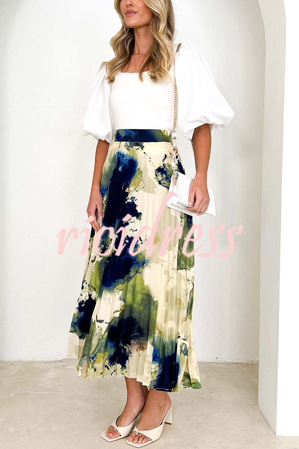 Abstract Art Paint Print Stretch Waist Pleated Skirts