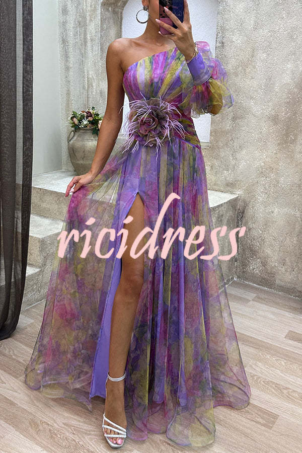 Picturesque Beauty Tulle Floral Pleated One Shoulder Sleeve Slit Maxi Dress