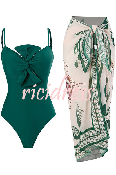 Sling Bow One Piece Swimsuit and Lake Print Skirt