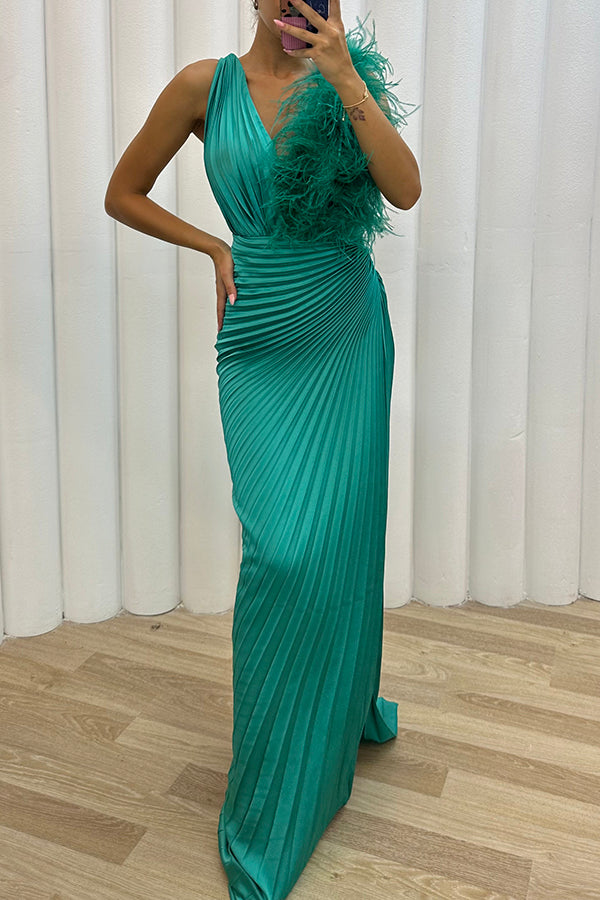 Forever Stunning Pleated Feather Trim Slit Evening Maxi Dress