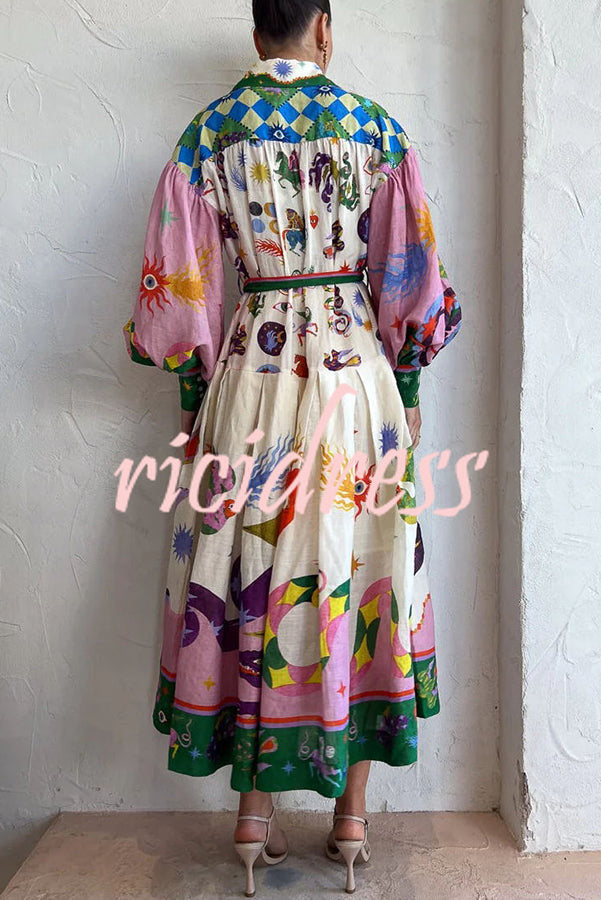 Effortless and Playful Unique Print Balloon Sleeve Shirt Midi Dress