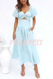 Classy Style Balloon Sleeve Twist Detail Cutout Pocketed Maxi Dress