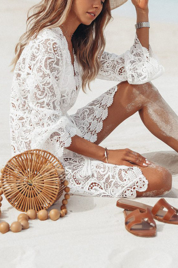 Chic Sunshine Shell Crochet Lace Cover-up Dress