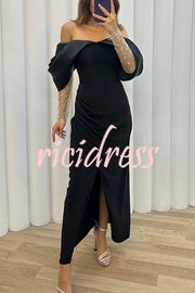 Exciting Event Tulle Off Shoulder Embellished Mesh Sleeve Ruched Maxi Dress