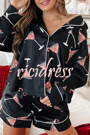 New Year's Eve Fun Ornament Printed Elastic Waist Pocket Pajama Shorts Set