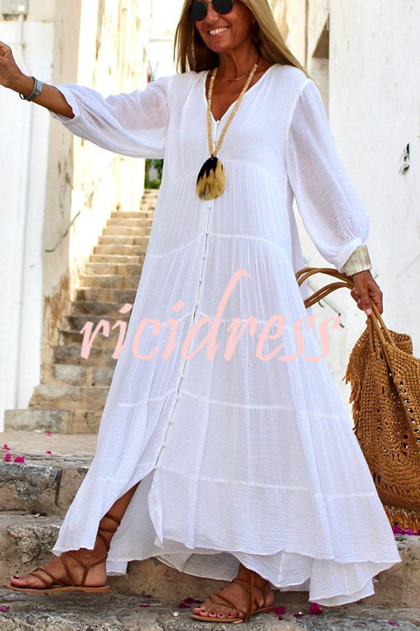 Seraphina Cotton Linen Blend Button Up Tiered Maxi Dress