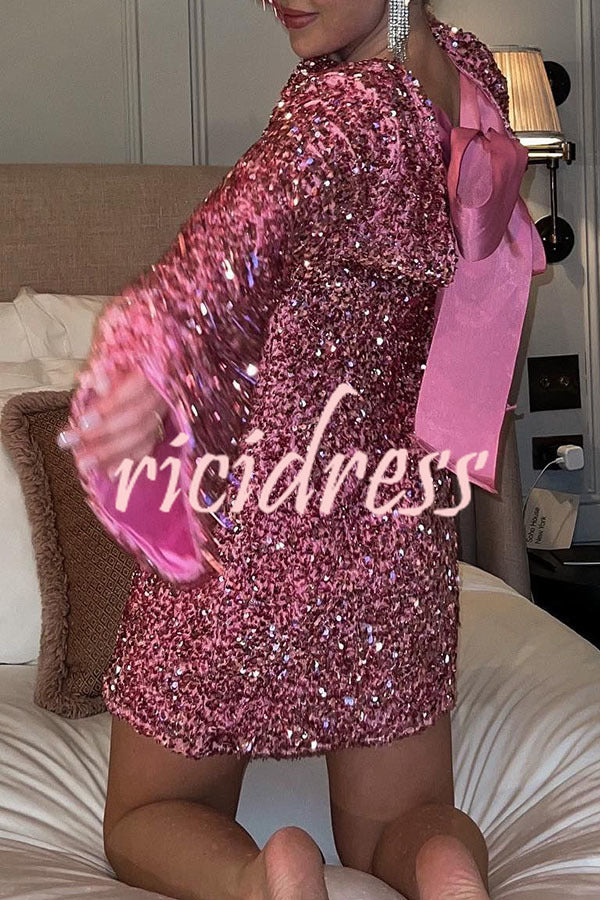 Dance All Night Sequin Back Tie Up Bow Loose Mini Dress