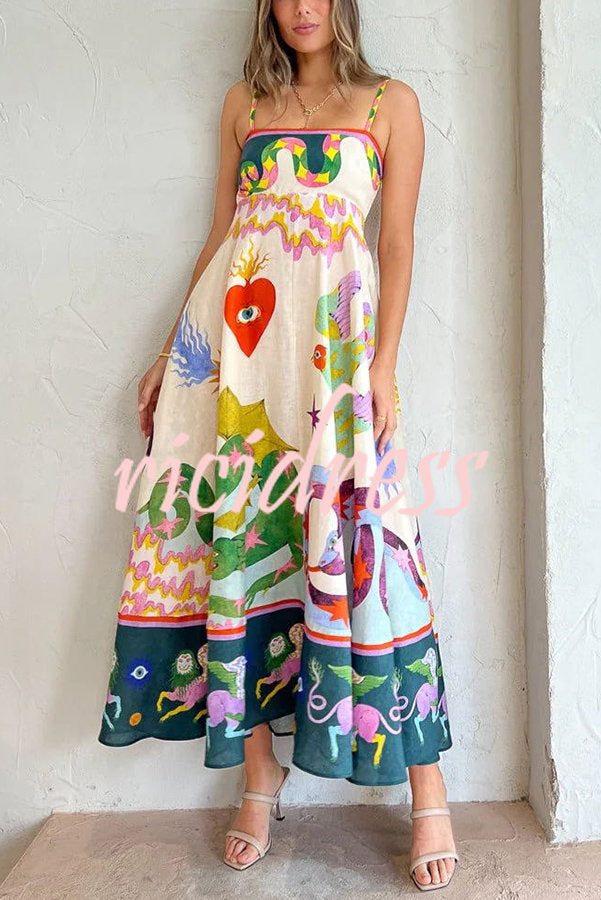 Feel Effortlessly Linen Blend Unique Print Smocked Back Pocketed Midi Dress