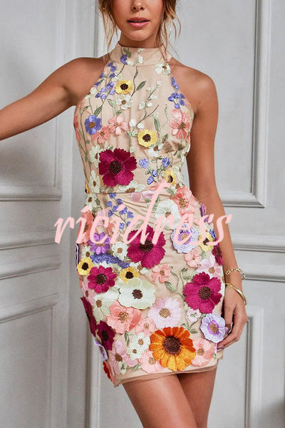Wish Upon A Dream Floral Applique Halter Mini Dress