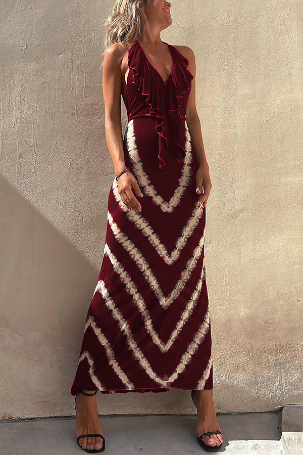 Kyra Ruffle Halter Neck Lace-up Waist Tie-dye Print Maxi Dress
