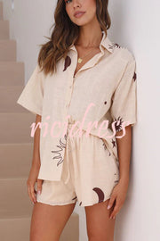 Camilla Linen Blend Printed Button Up Shirt and Elastic Waist Shorts Set