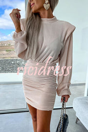 Tolly Padded Shoulder Balloon Sleeve Ruched Ribbed Mini Dress