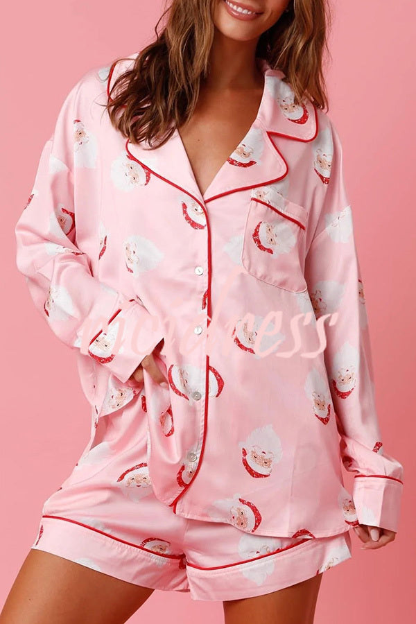 Dear Santa Satin Printed Elastic Waist Pocket Pajama Shorts Set