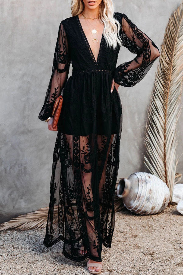 Fairy Air Fluttering V-neck See-through Lace Dress