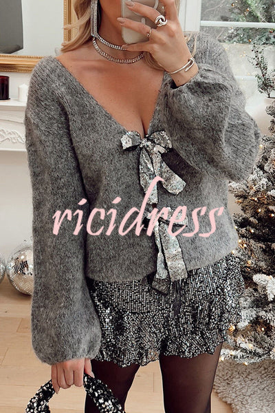 Misty Starlight Tie Front Sequin Bow Loose Sweater