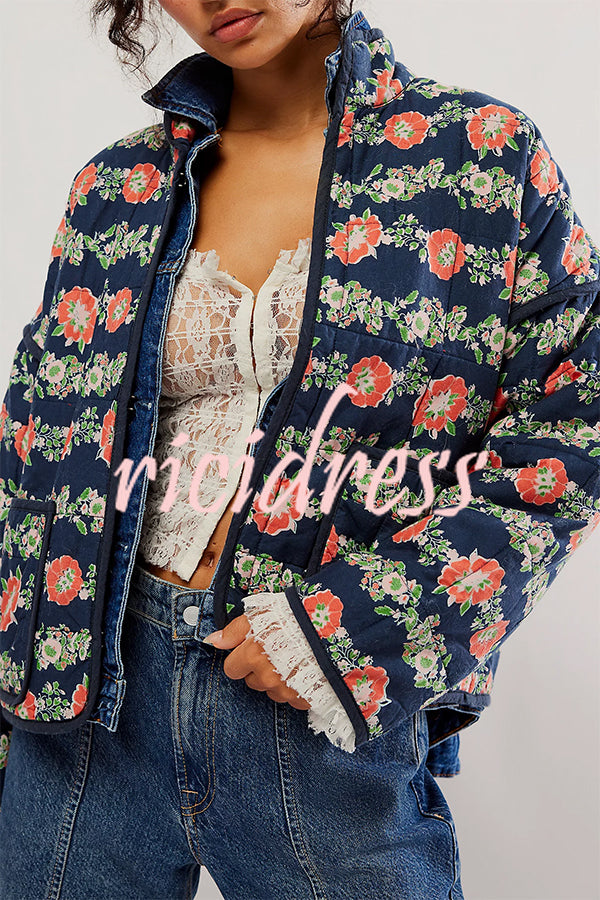 Floral Print Pocket Contrast Concealed Button Cotton Coat