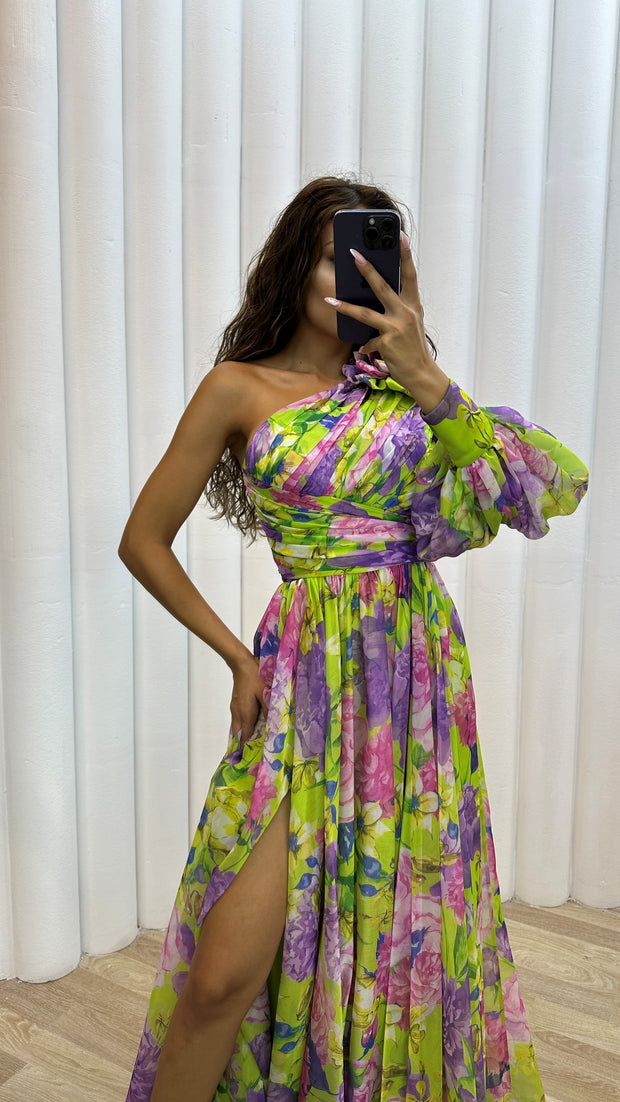 Let's Elope Floral Print Pleated One Shoulder Sleeve Slit Maxi Dress