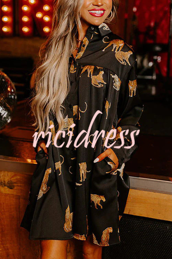 Enter Your Party Era Satin Cheetah Pattern Pocketed Shirt Mini Dress