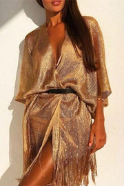 Shawl Gold and Silver Ribbon Sleeve Slit Cover-ups