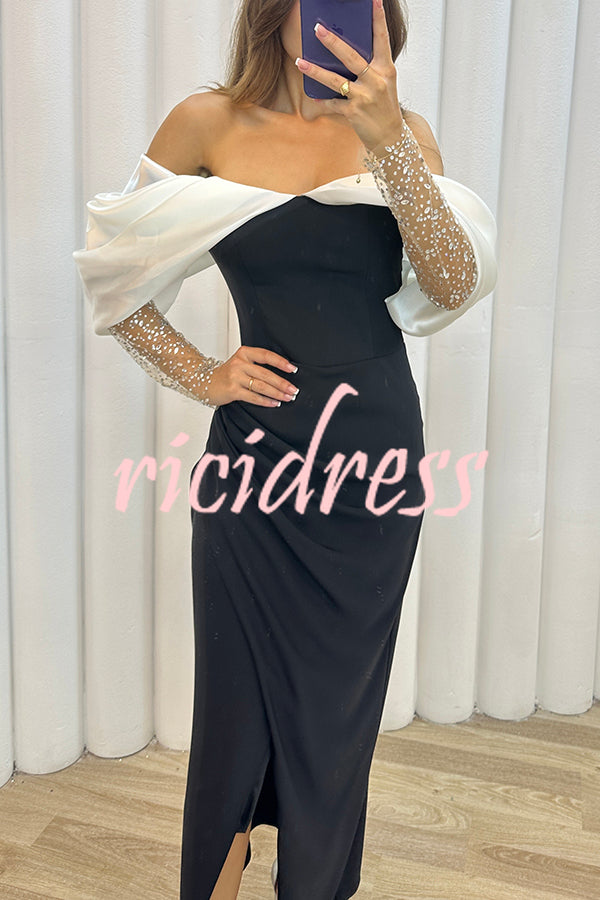 Exciting Event Tulle Off Shoulder Embellished Mesh Sleeve Ruched Maxi Dress