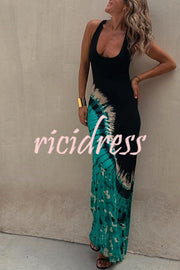 Ricidress Tie-dye Print Back Lace-up Stretch Maxi Dress