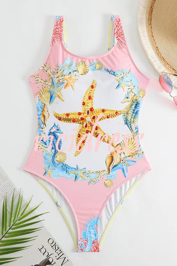 Cheerful Marine Animal Print Backless One Piece Swimsuit and Elastic Waist Skirt