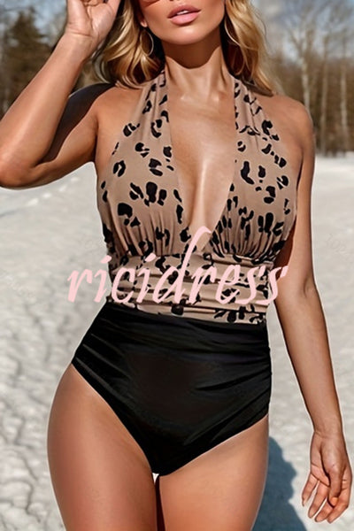 Special Printed Ruched Backless V-neck One Piece Swimsuit