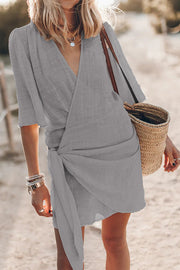 Easy Breezy Cotton Linen Blend Knotted Wrap Mini Dress