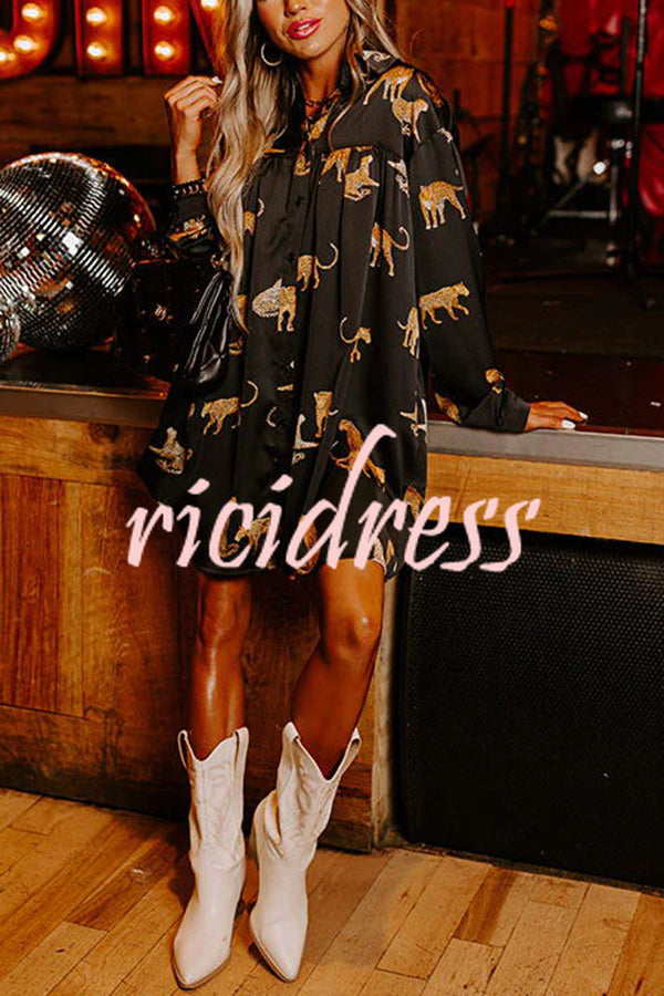 Enter Your Party Era Satin Cheetah Pattern Pocketed Shirt Mini Dress