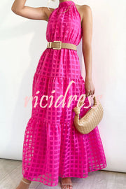 Elena Tulle Square Patterned Fabric Belted Halter Maxi Dress