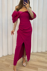 Exciting Event Tulle Off Shoulder Embellished Mesh Sleeve Ruched Maxi Dress