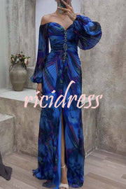Sunset Serenade Printed Off Shoulder Diamond Embellished Pleated Slit Maxi Dress
