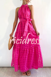 Elena Tulle Square Patterned Fabric Belted Halter Maxi Dress