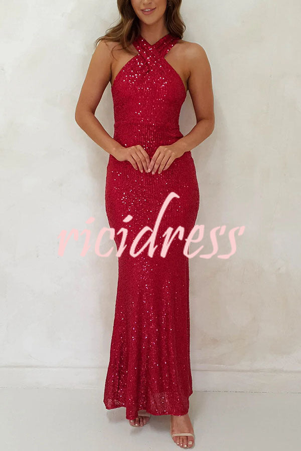 Time To Sparkle Sequin Cross Halter Neck Backless Maxi Dress
