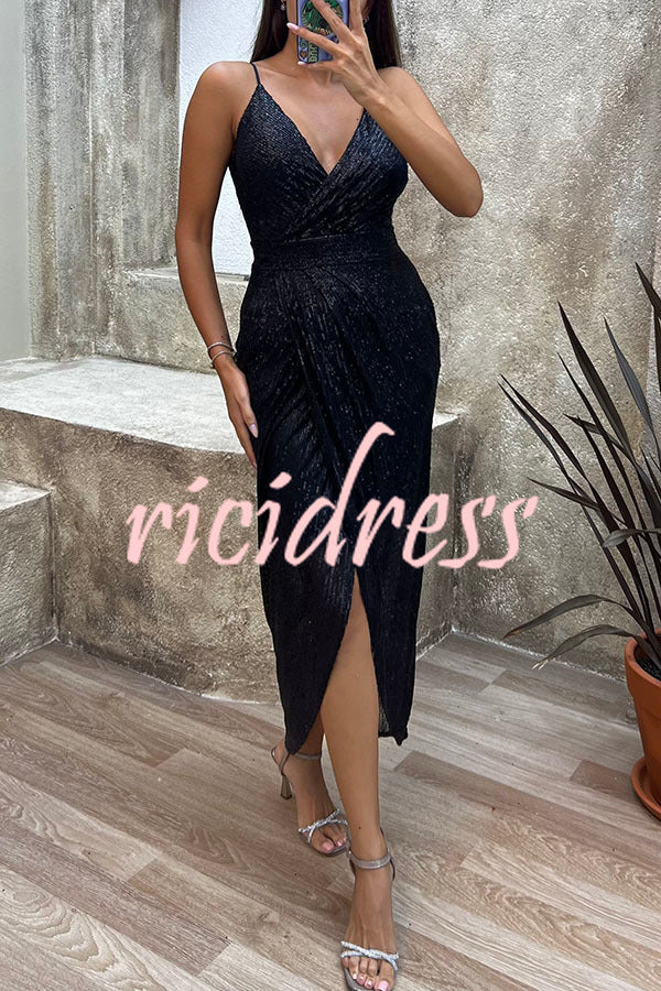 Party Seeker Sequin Pocketed Drape Slit Midi Dress