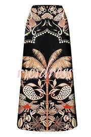 Palm Tree Bird Print Color Block High Waist Bikini And Skirt