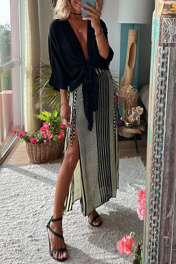 Angel Dust Tie Front Top and Striped Lace-up Slit Skirt Cover Up Set