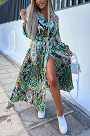 Heart of Paradise Printed Belted Slit Maxi Dress