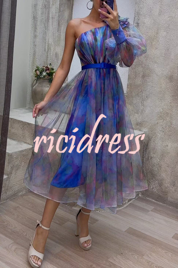 Monroe Tulle Floral Pleated One Shoulder Sleeve Belt Swing Midi Dress