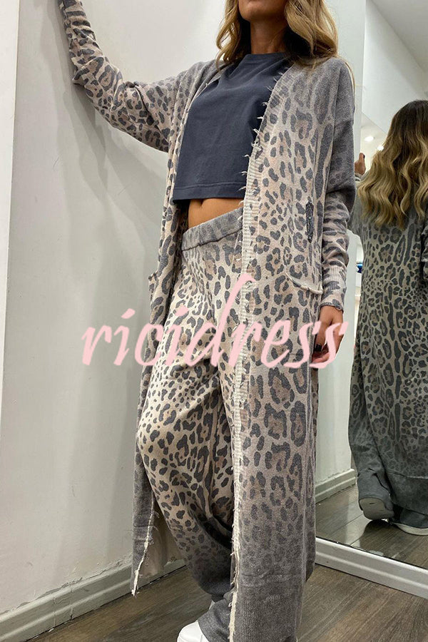 Comfort first Leopard Print Pocket Long Sleeve Cardigan Elastic Waist Pants Set