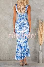 Styled To Perfection Floral Ruched Mesh Overlay Ruffle Hem Maxi Dress