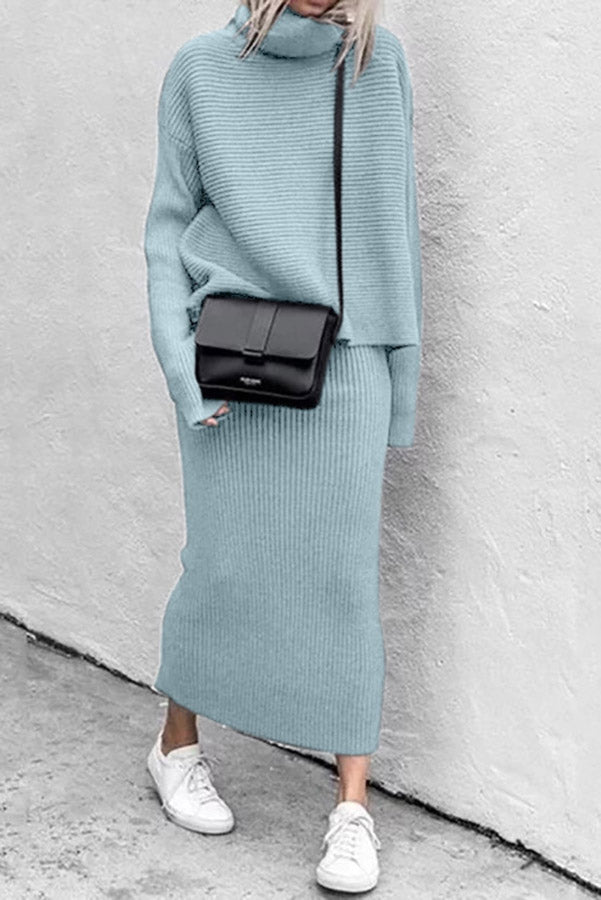 Charley Solid Color High Collar Knit Sweater Two-piece Suit