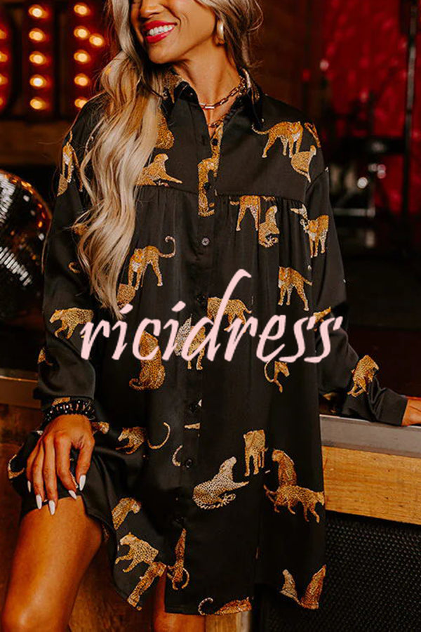 Enter Your Party Era Satin Cheetah Pattern Pocketed Shirt Mini Dress