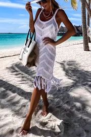 Queen of The Beach Tassel Cutout Knit Cover-up Dress